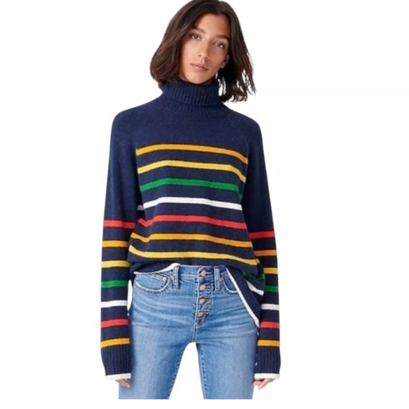 NWT J.CREW Navy Blue Rainbow Striped Alpaca Wool Blend Soft Turtleneck Sweater - Picture 1 of 6